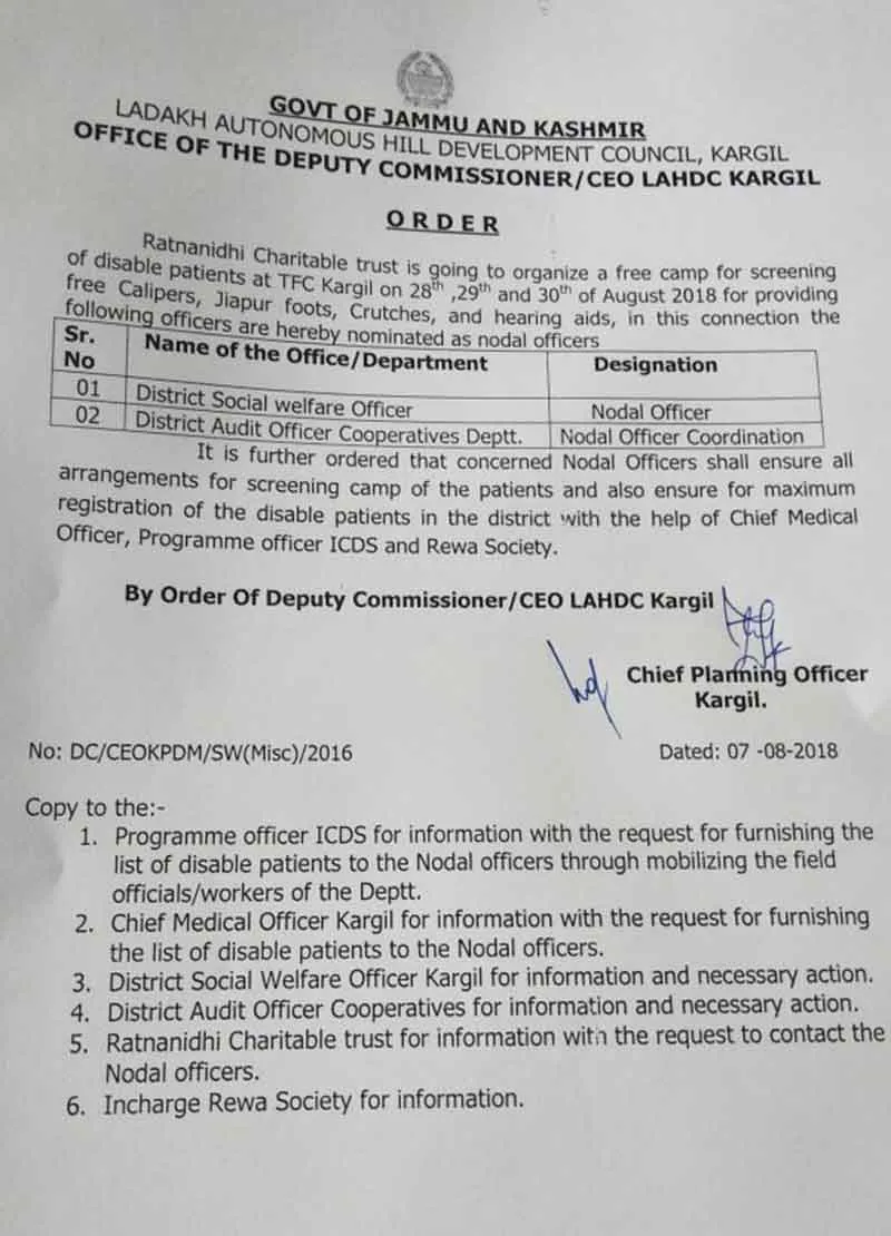 Permission Letter for Free Camp to Screen Disabled Patients at the TFC Kargil
